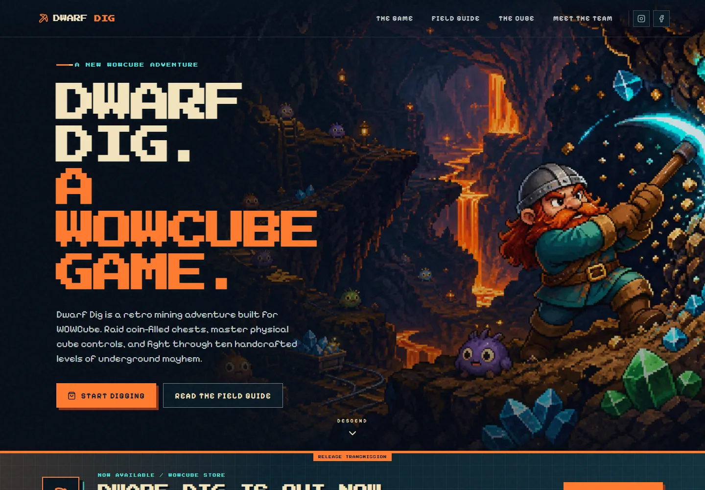 Dwarf Dig launch website featuring a pixel-art mining scene, game introduction, and links to play and read the field guide.
