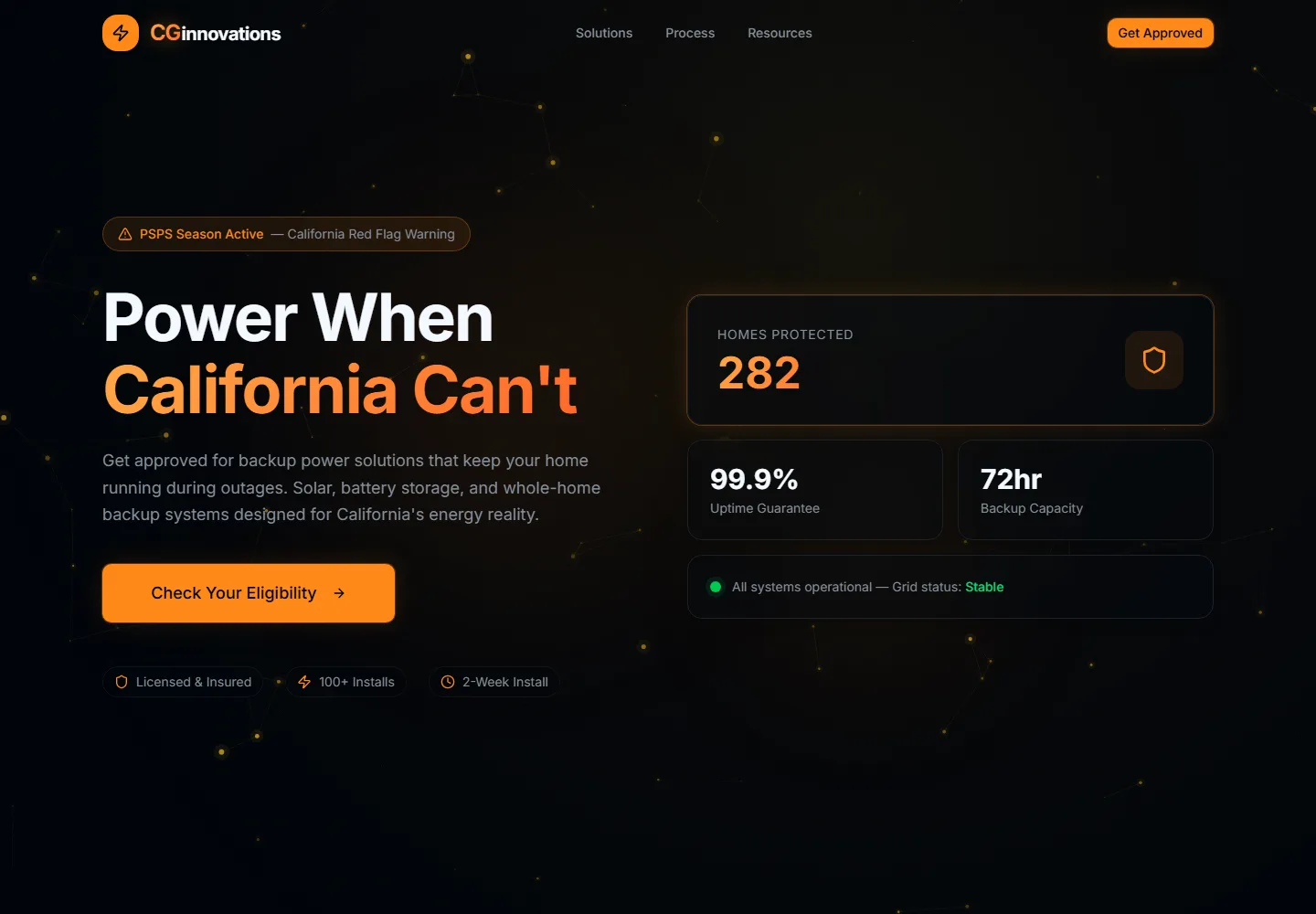 Clean Grid Innovations website with orange accents, backup-power messaging, and an eligibility call to action.