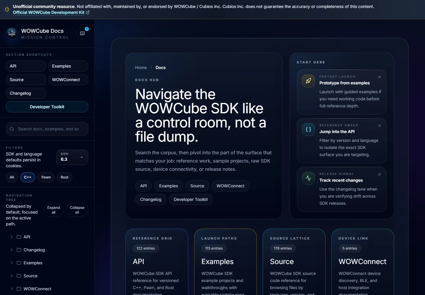 WOWCube Docs interface with SDK navigation, version and language filters, and task-based documentation entry points.
